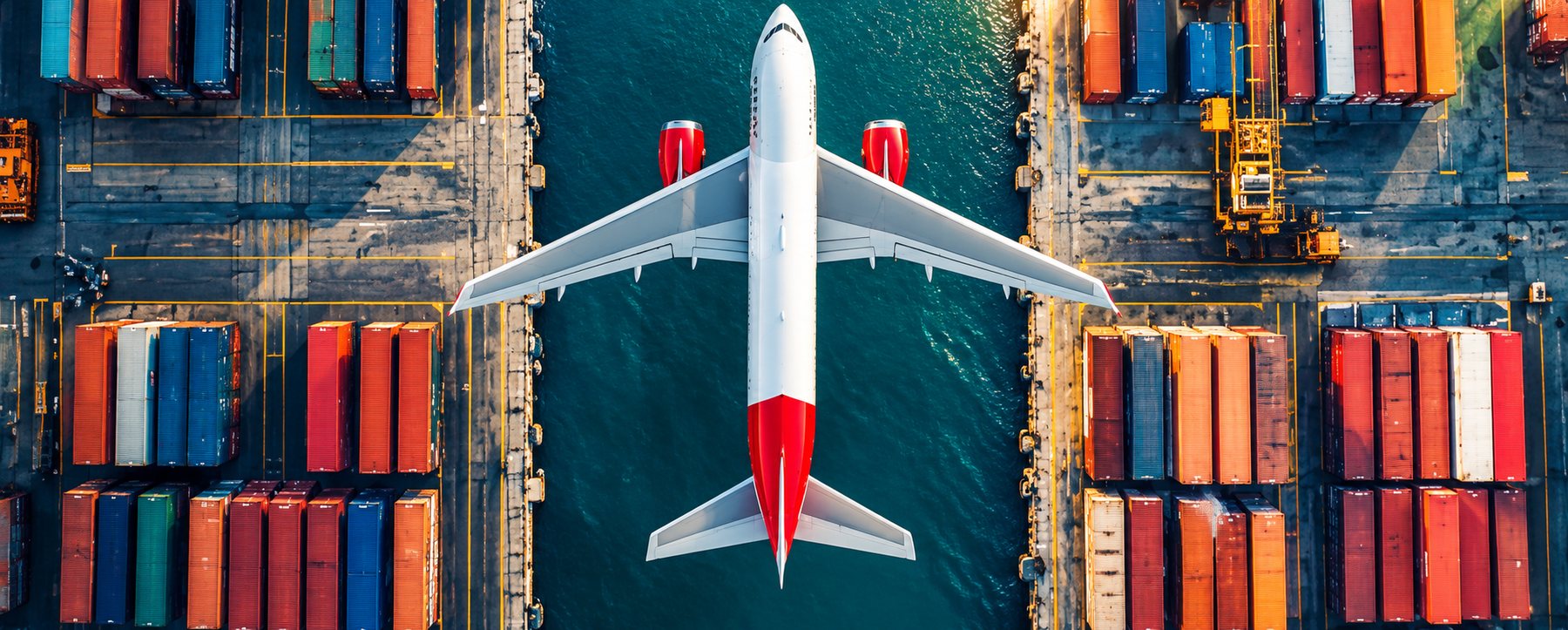 Aircraft flying over a container port, seen from above